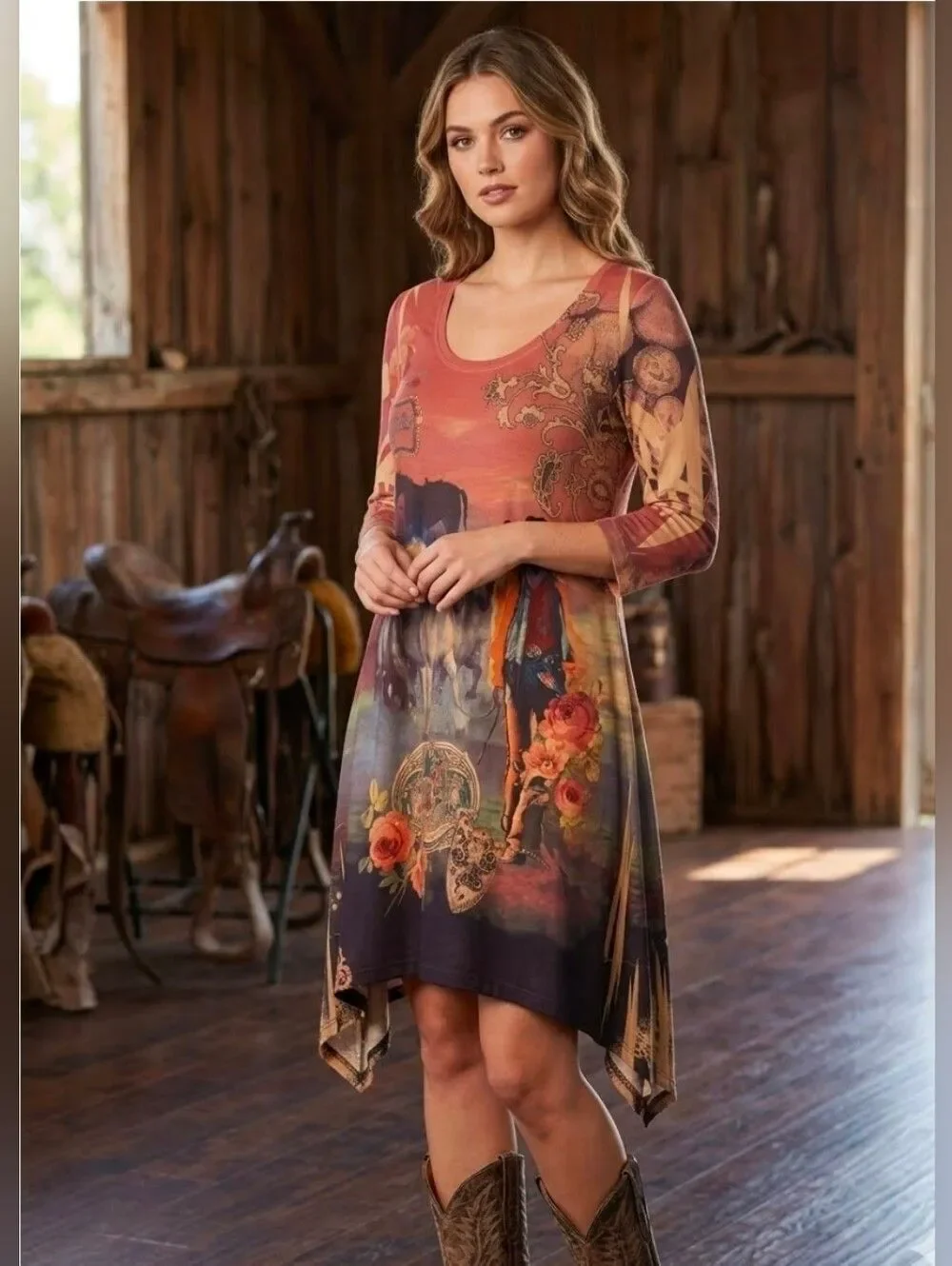 Fantazia Western Cowgirl Rose Horses Graphic Tunic Top  L Boho Rodeo Core